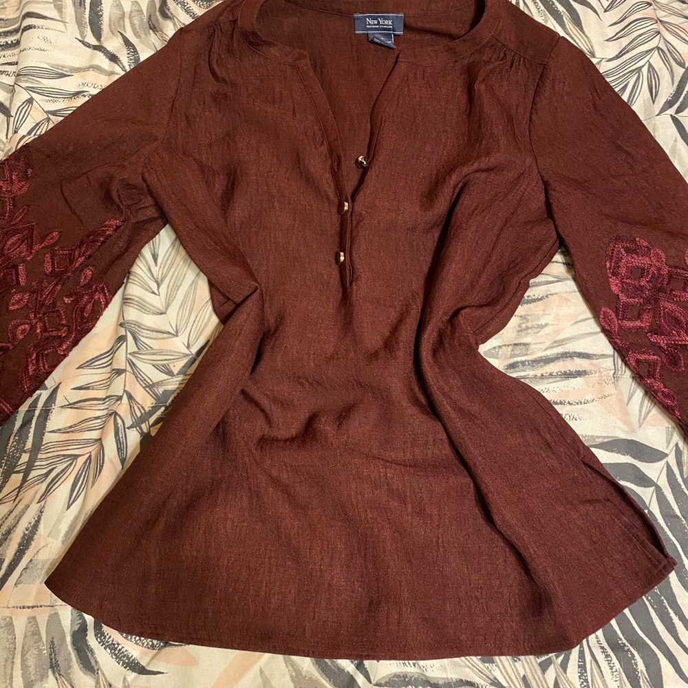 New York & Company Burgundy Blouse with Embroidered Sleeves
